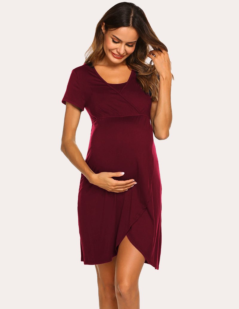 Wine red short-sleeve nursing nightgown dress with V-neck crossover and side slit