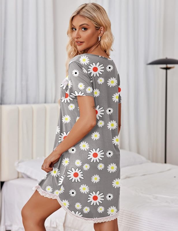 Kurzarm-Schlafkleid mit Spitzenbesatz, grau mit weißen Gänseblümchen