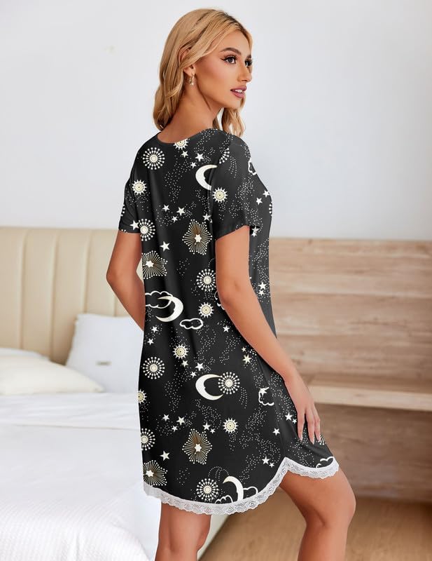 Black pajama dress with short sleeves and celestial print, white lace-trim edge