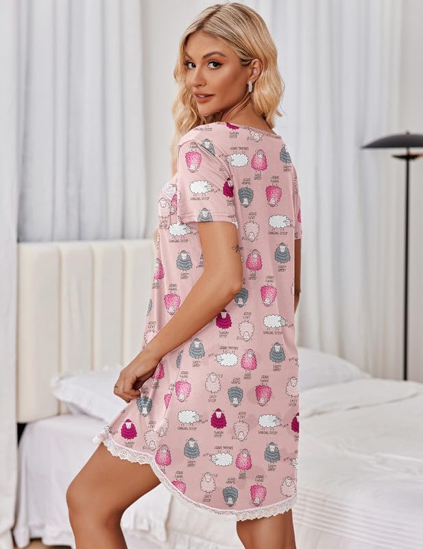 Kurzarm-Schlafkleid, hellrosa mit Tierprint, Saumspitze und Rückseitenansicht