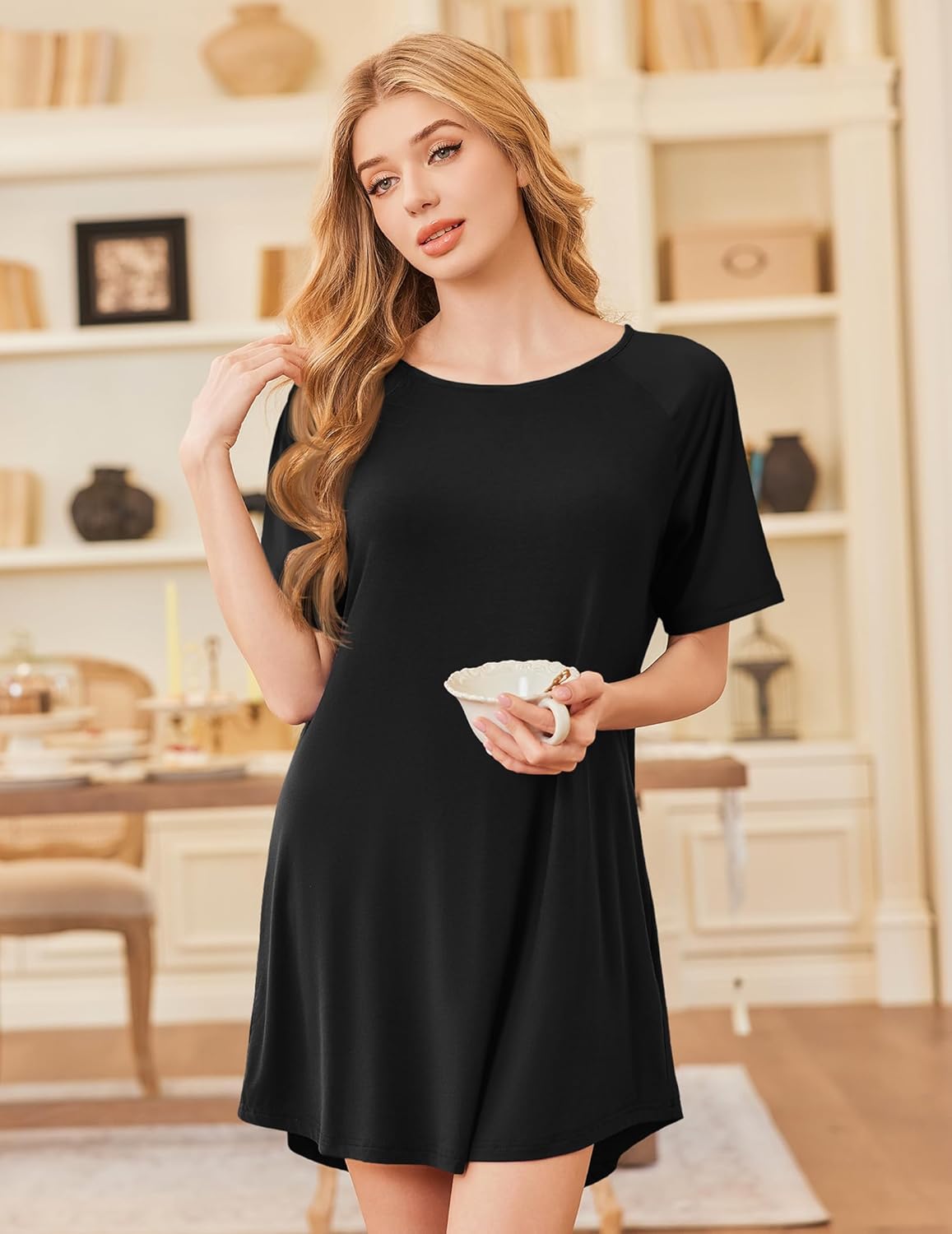 Bamboo viscose nightgown, black one-shoulder raglan sleeves, flared mini length
