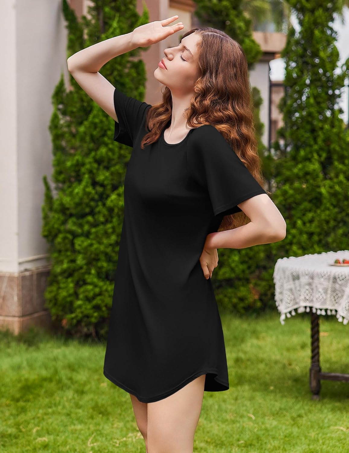 Bamboo viscose nightgown, black one-shoulder short-sleeve sleep shirt with straight hem