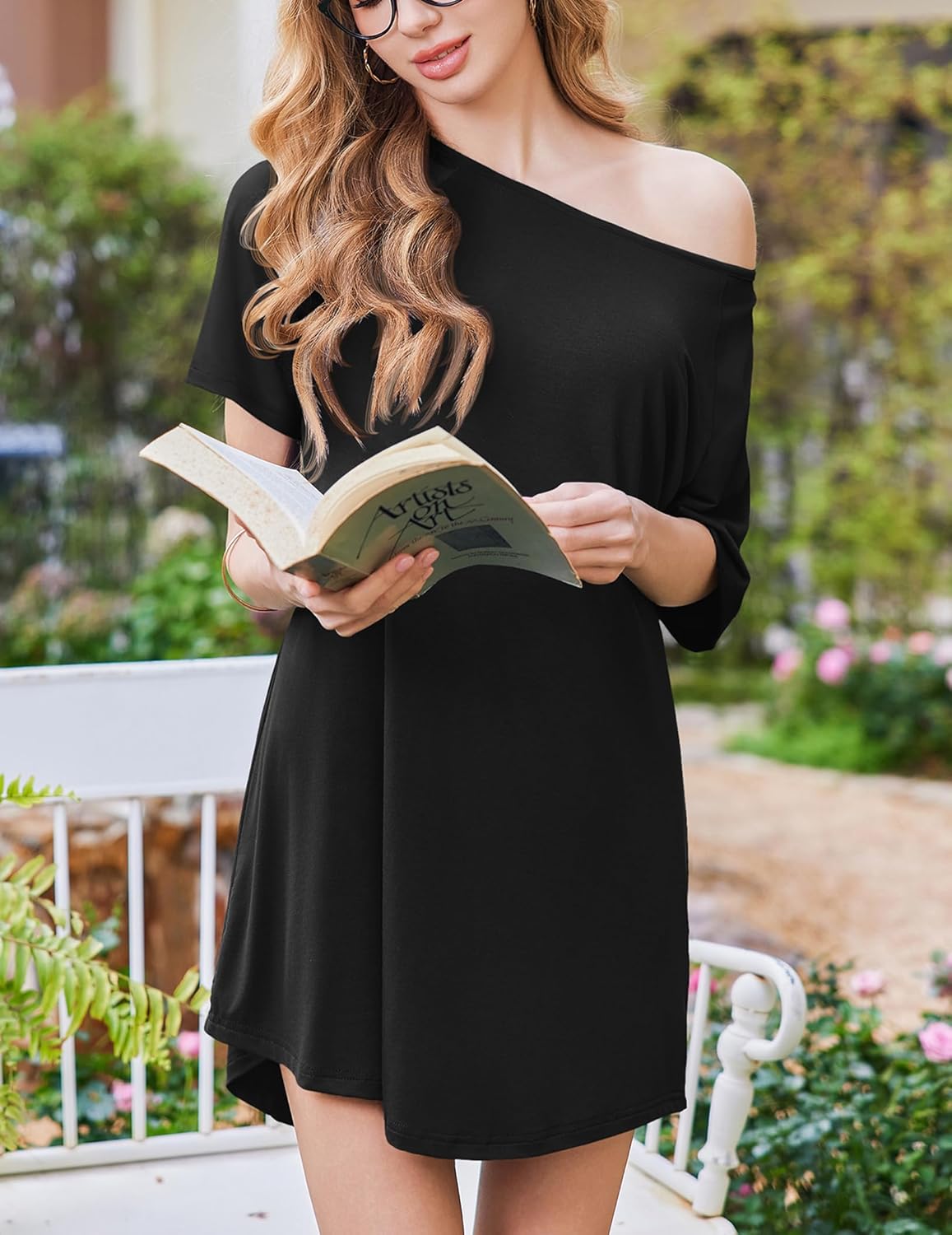 Bamboo viscose nightgown, black asymmetrical one-shoulder with short sleeves, loose fit