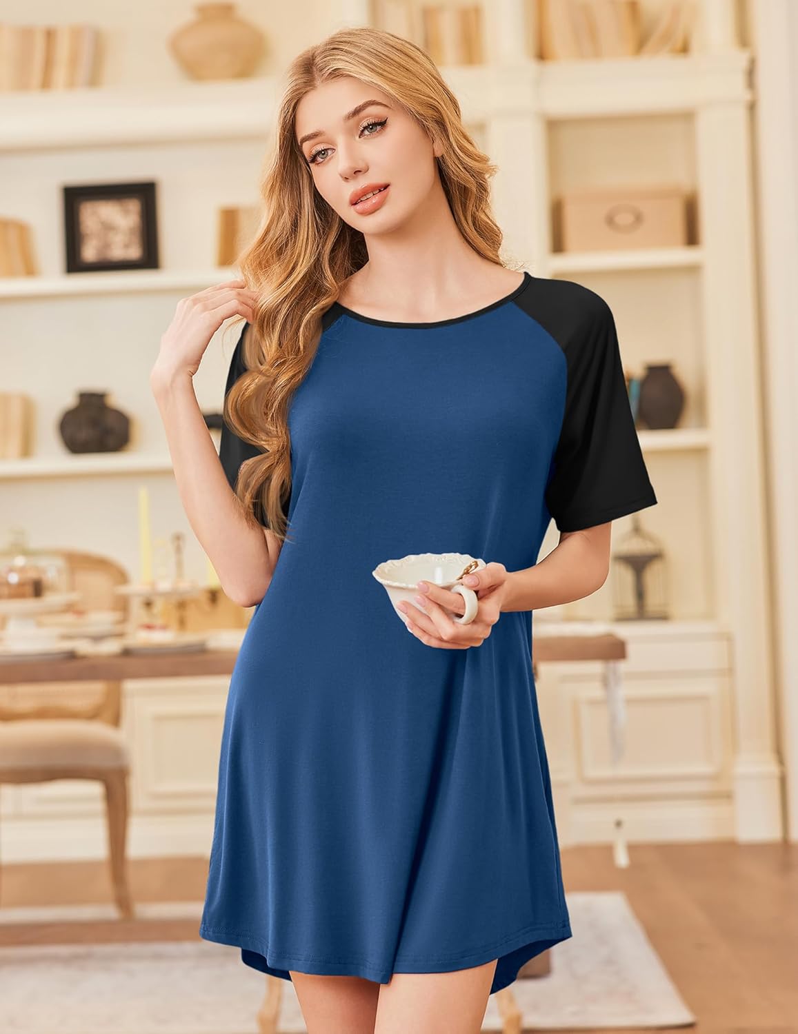 Ekouaer bamboo sleep shirt, blue dress with black raglan sleeves, short cuff sleeves