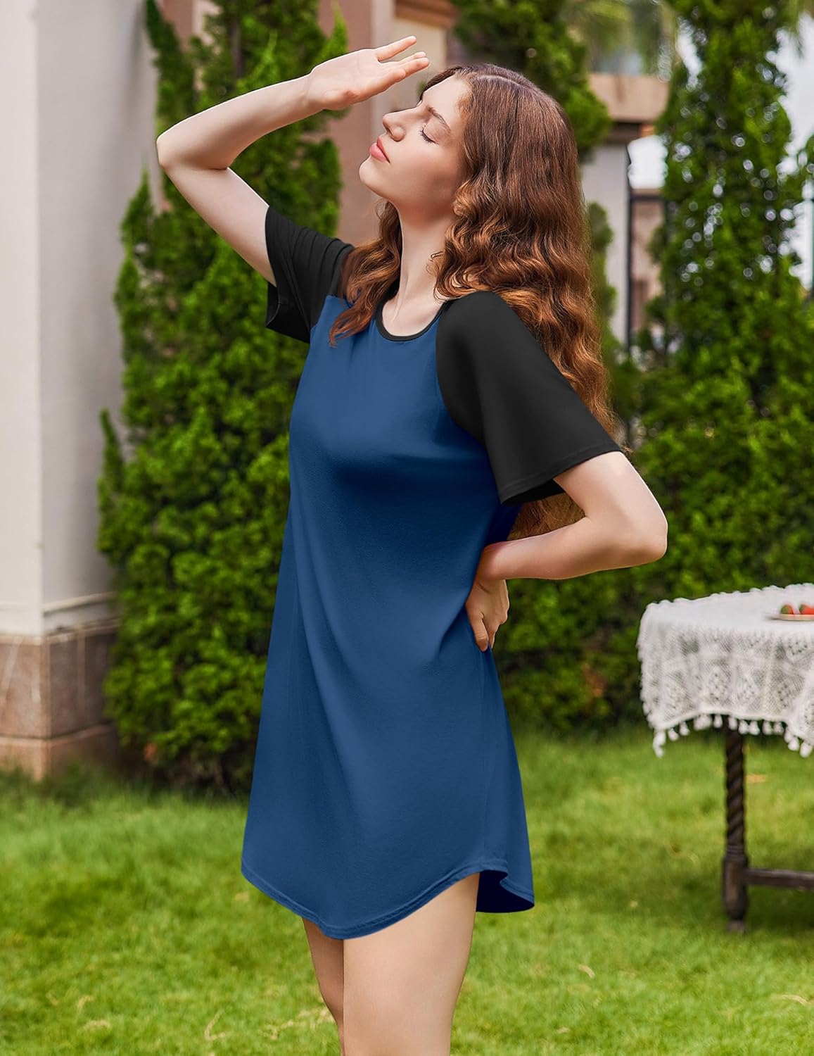 Ekouaer nightshirt in navy blue with black sleeves, short dress length, round neckline