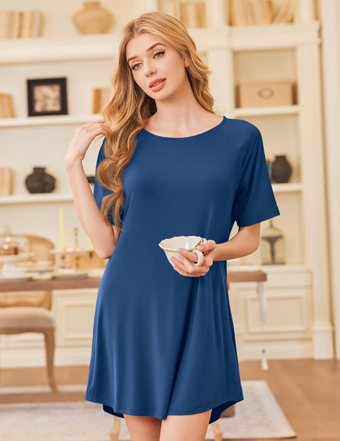 Blue nightgown with black raglan shoulder, short sleeves, round neckline, mini length