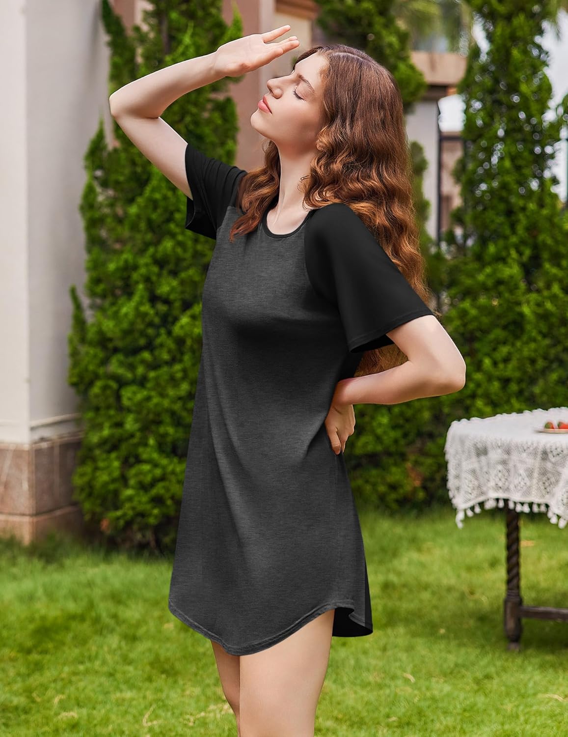 Dark grey sleep shirt dress with black sleeves, short mini hem, relaxed neckline