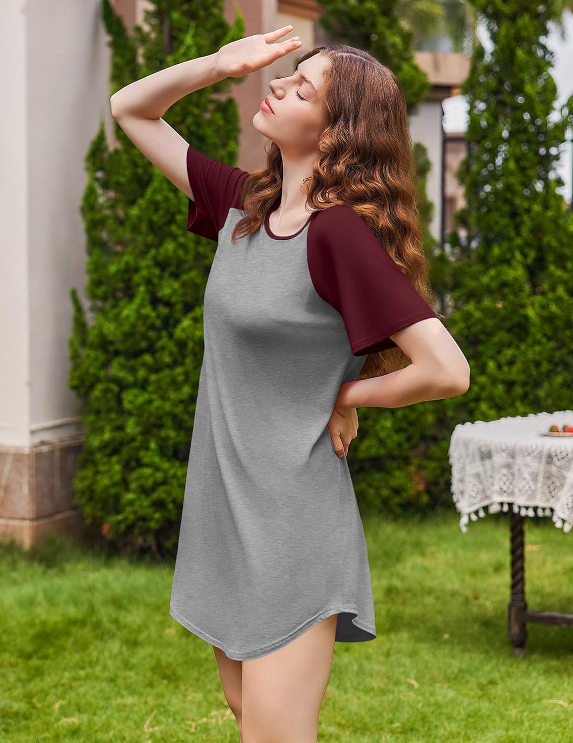 Light grey nightgown with wine red raglan sleeves and crew neckline, short hem