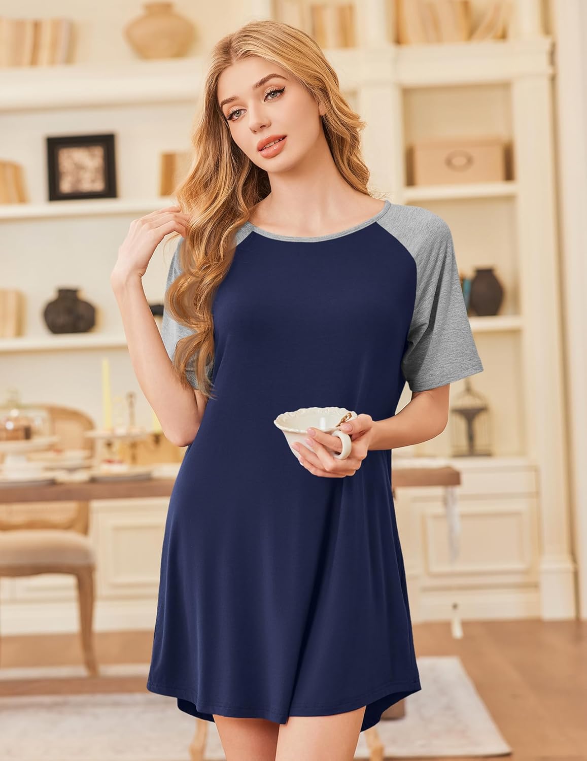 Bamboo viscose nightgown, heather gray and navy one-shoulder with raglan sleeves, mini