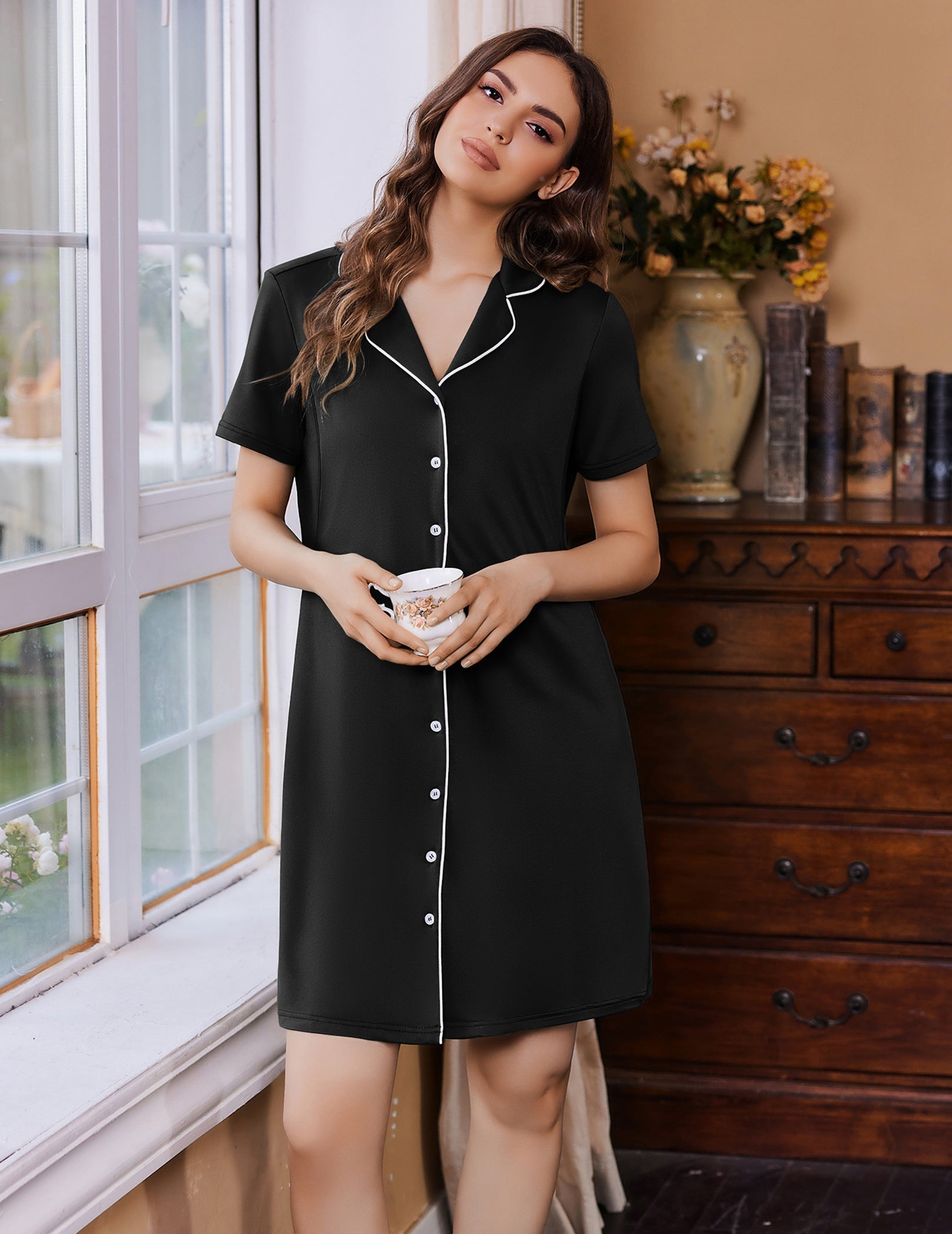 Black nursing nightgown dress, V-neck, button front with white trim, short sleeves