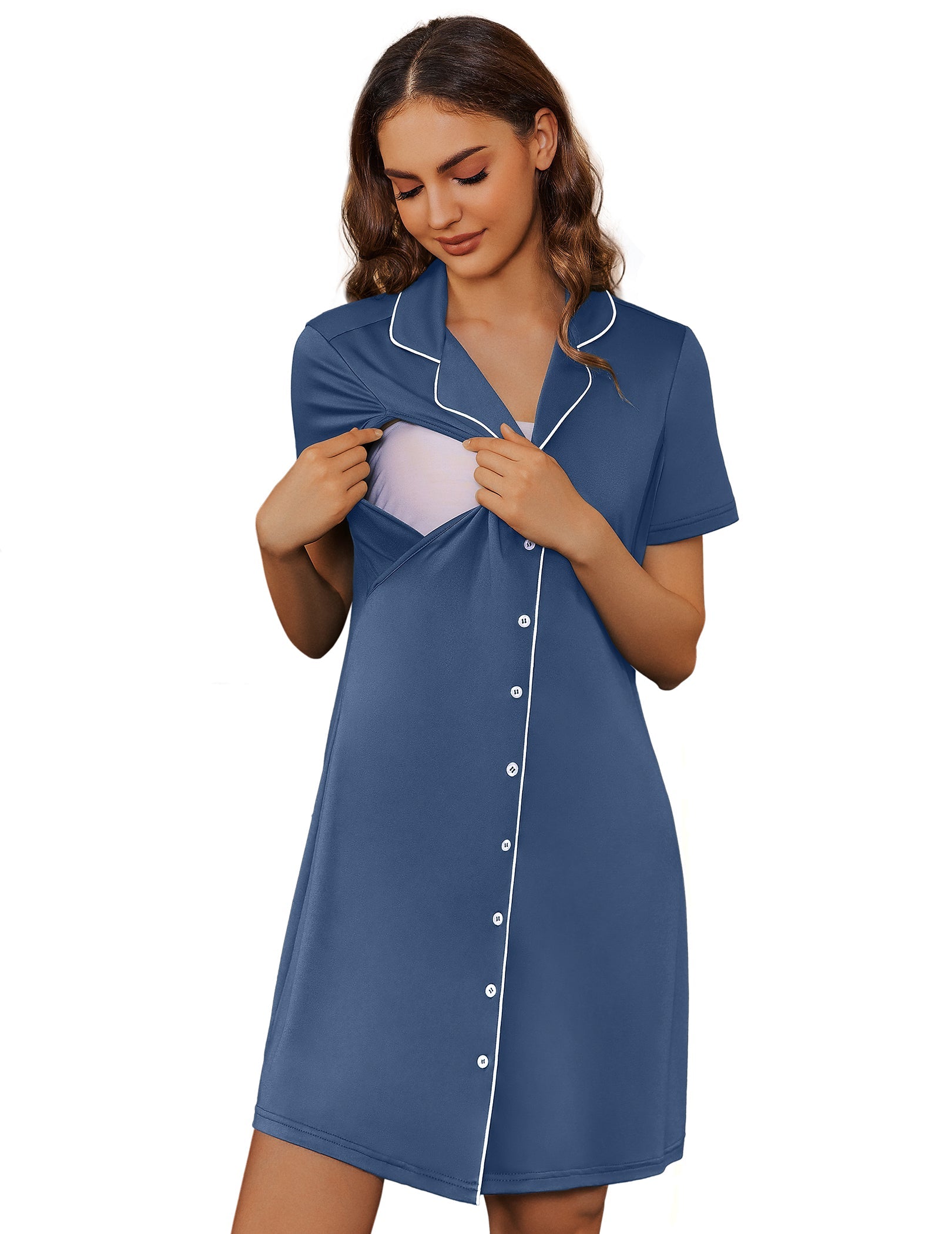 Blue maternity nursing nightgown with V-neck, button placket, white trim, short sleeves