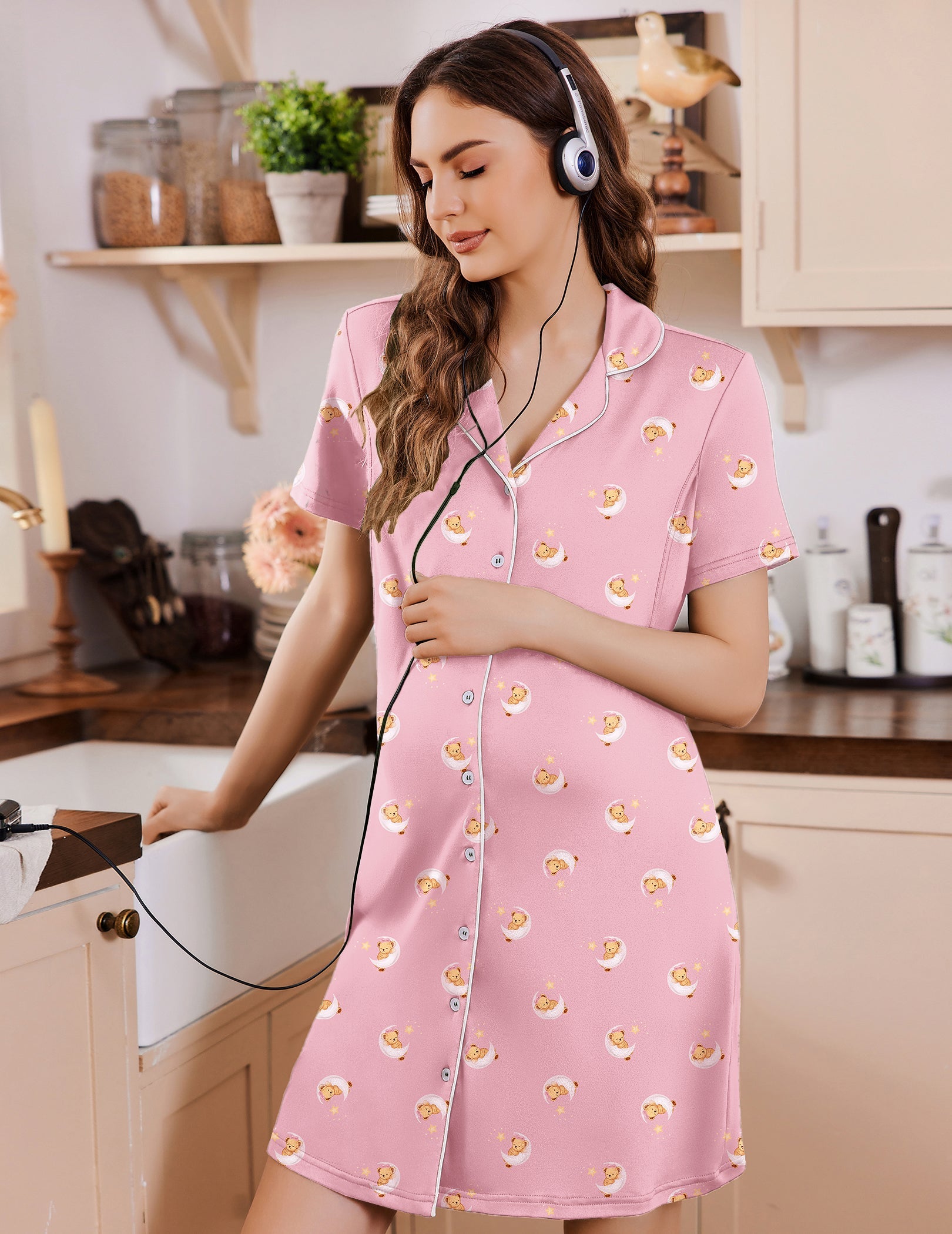 Pink nursing nightgown with cute pattern, button front V-neck and short sleeves