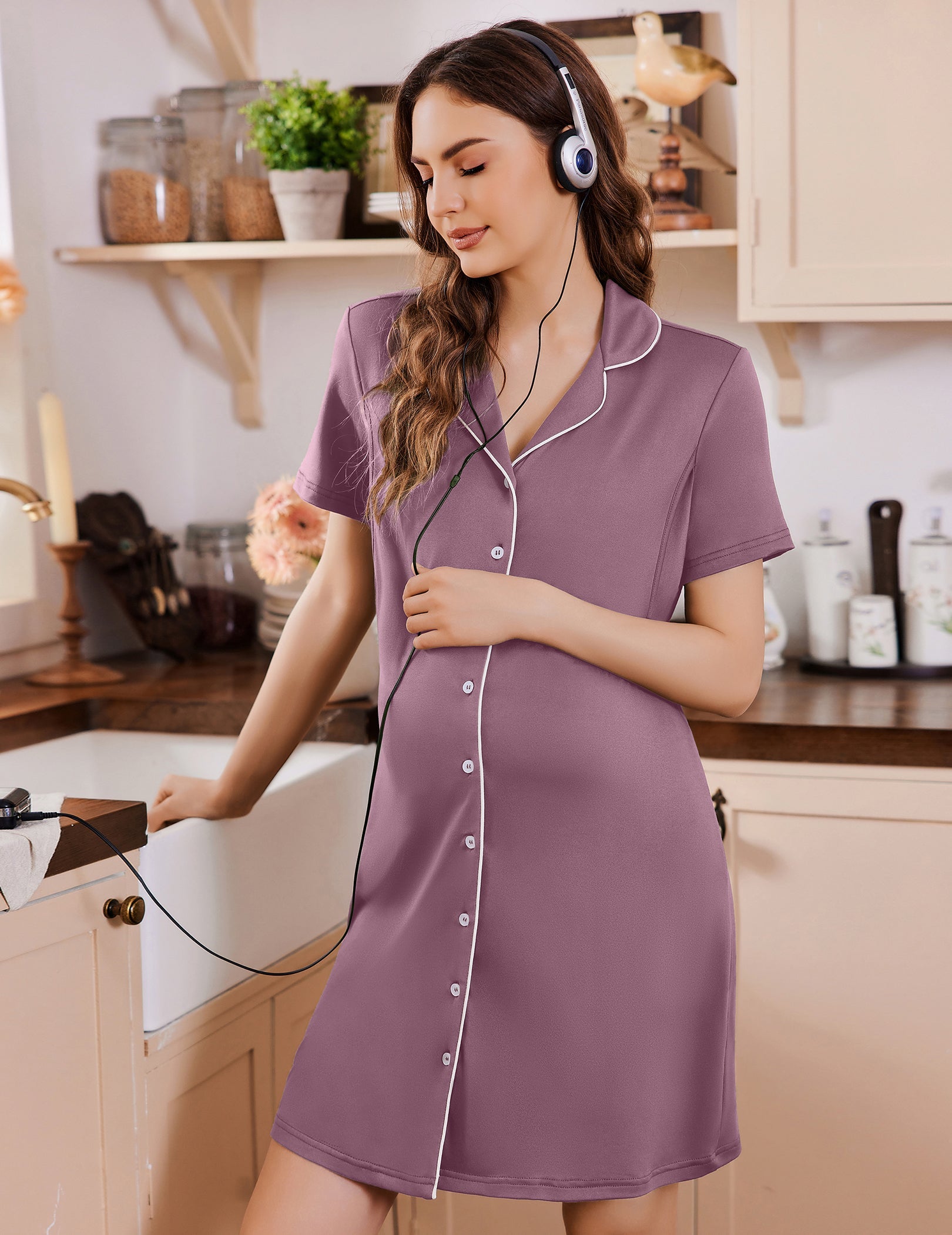 Nursing nightgown in purple with button front, V-neck, and contrast trim details
