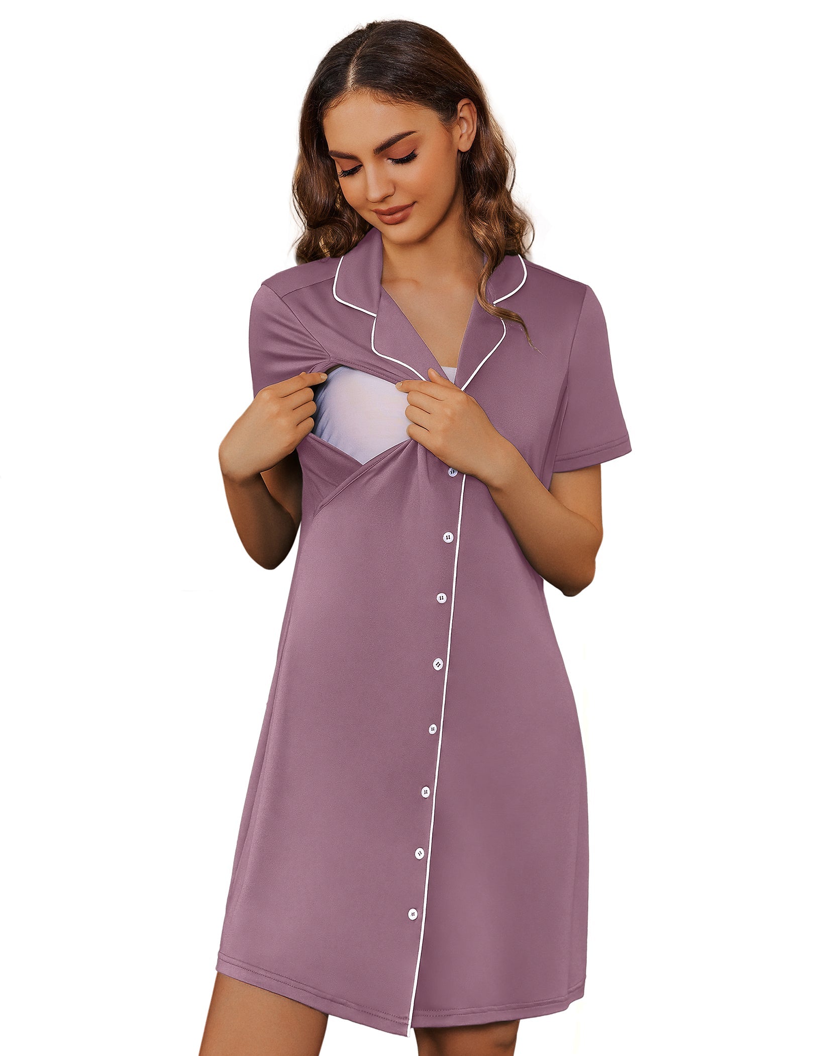 Nursing nightgown, purple button-down V-neck with contrast trim and short sleeves