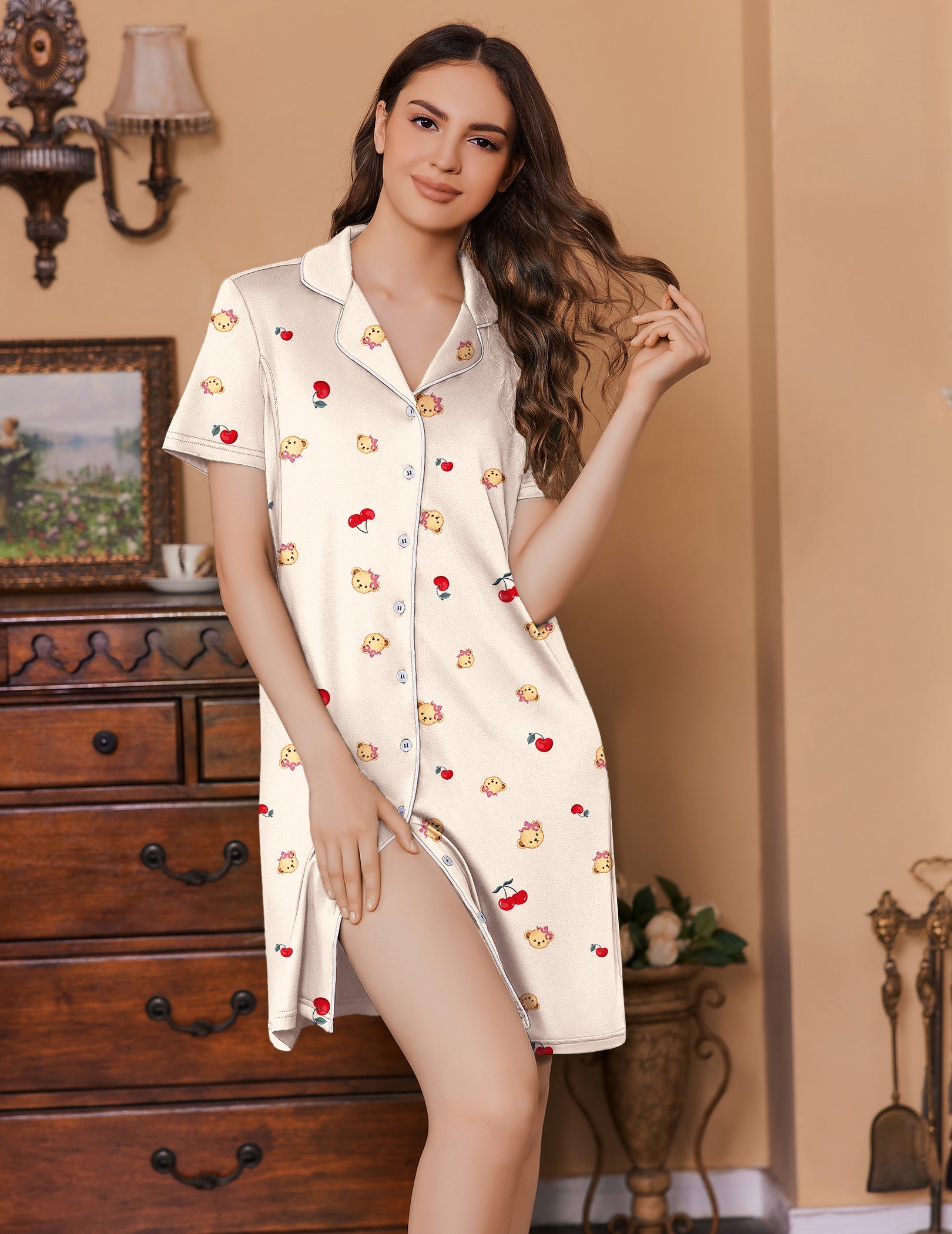 White patterned nursing nightgown with buttons, V-neck, and short sleeves with trim