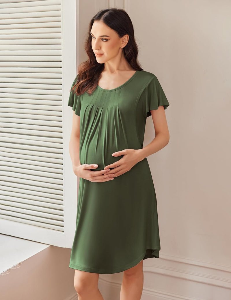 Maternity nursing pleated dress, dark green, short sleeves and gathered chest