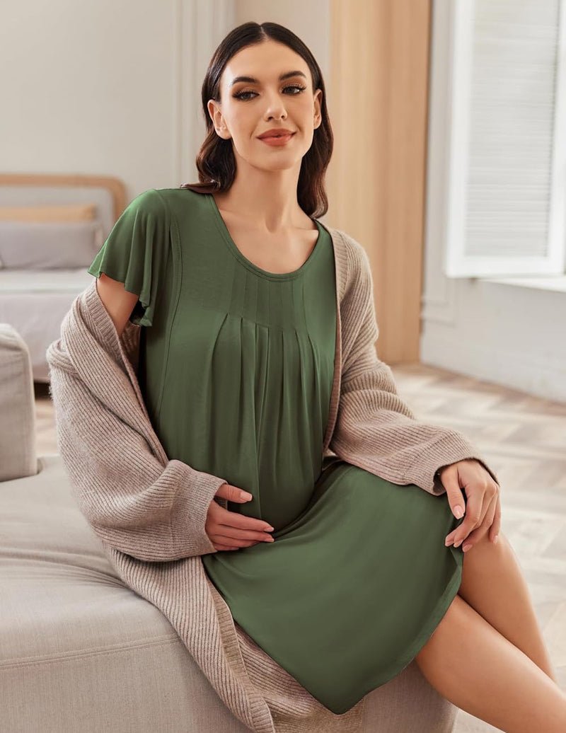 Dark green maternity nursing dress with pleated bodice, short sleeves