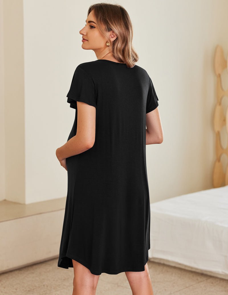 Black maternity nursing dress, back view, short flutter sleeves