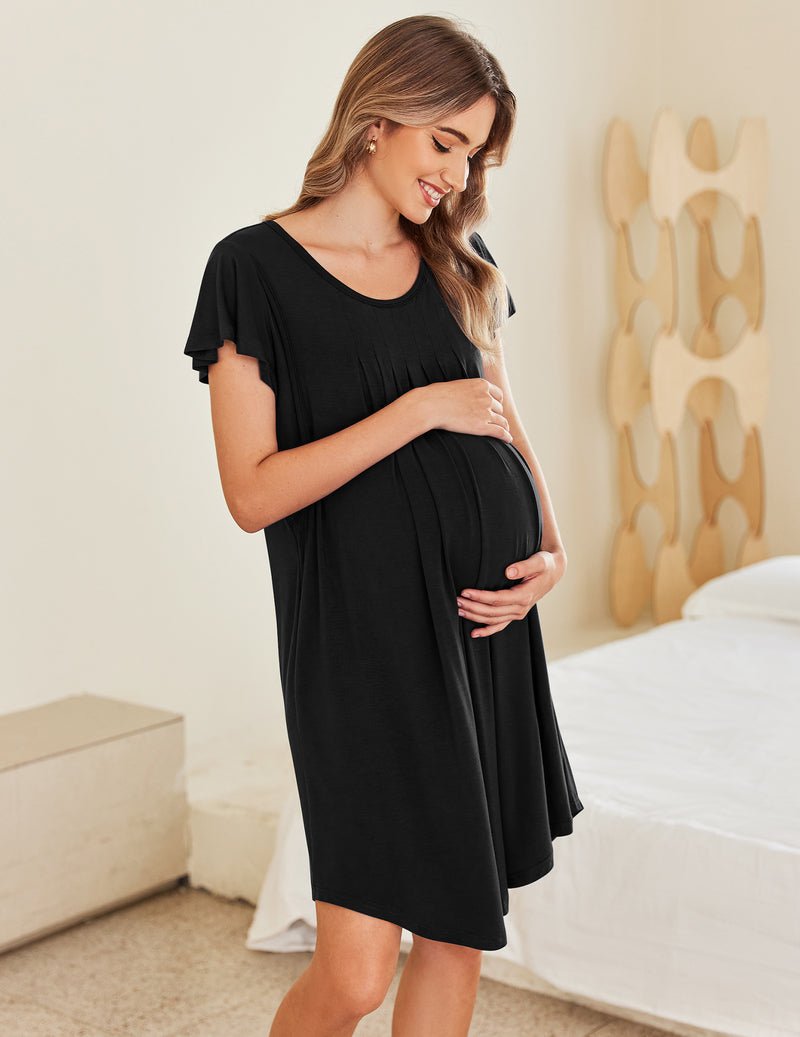 Maternity nursing pleated dress, black, short sleeves, scoop neck