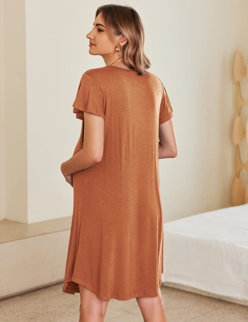 Maternity nursing dress, brick red, back view, short flutter sleeves