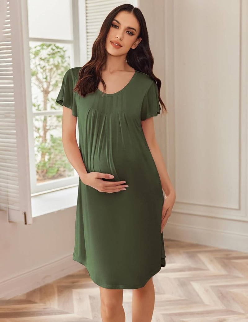 Maternity nursing pleated dress, mint green, short sleeves, scoop neck
