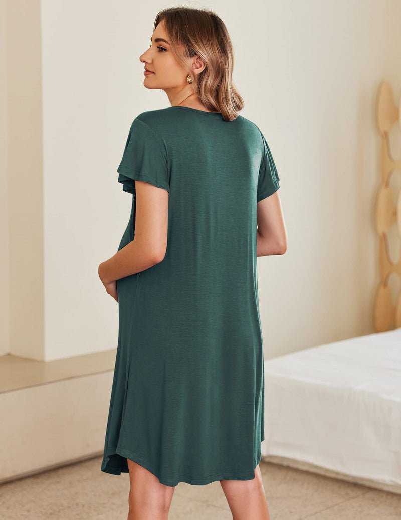 Teal maternity nursing pleated dress, short sleeves, back view