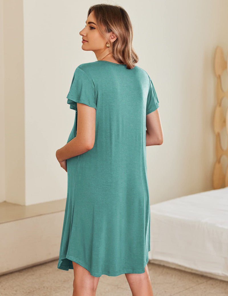 Teal maternity nursing pleated dress, back view, short sleeves