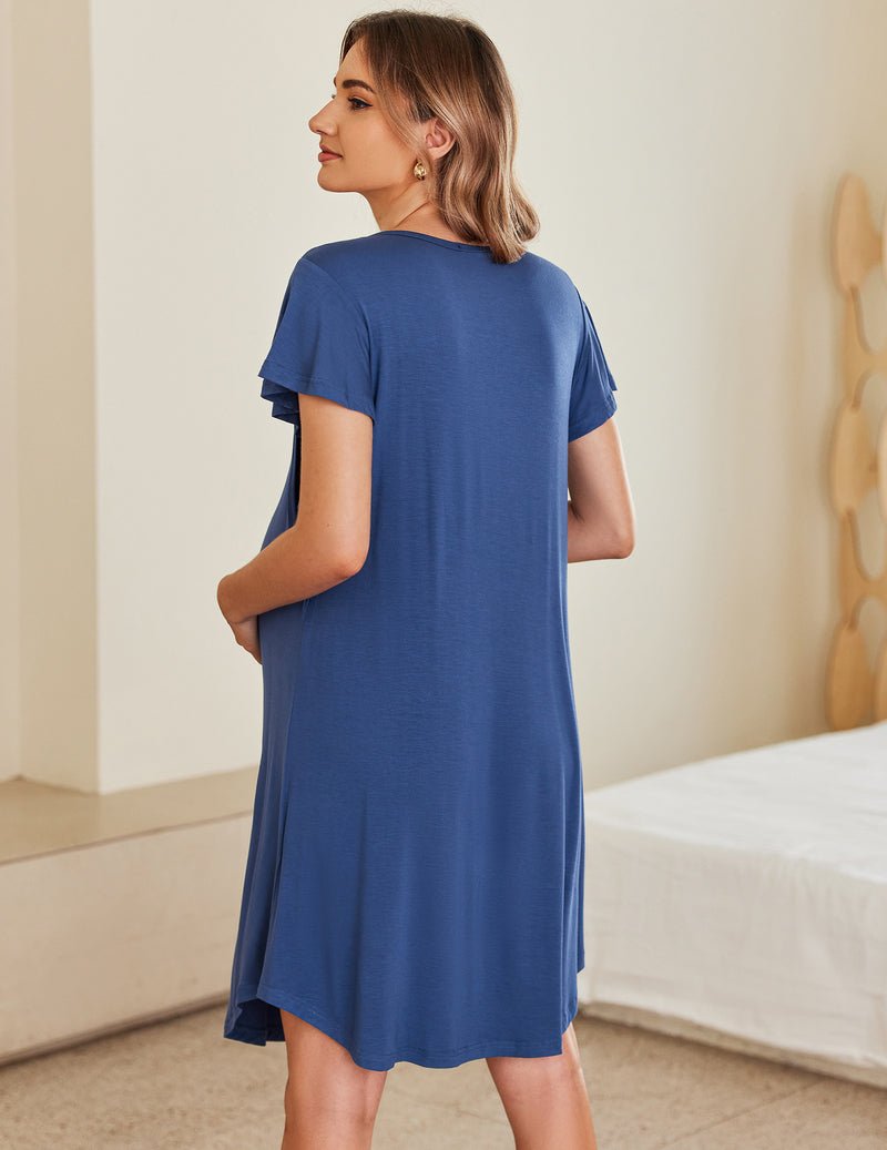 Blue maternity nursing pleated dress, short sleeves, back view