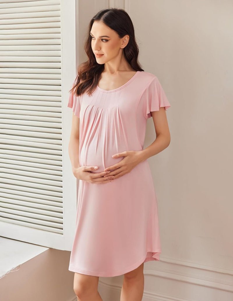 Maternity nursing pleated dress, pink, short sleeves, scoop neck with pleated front