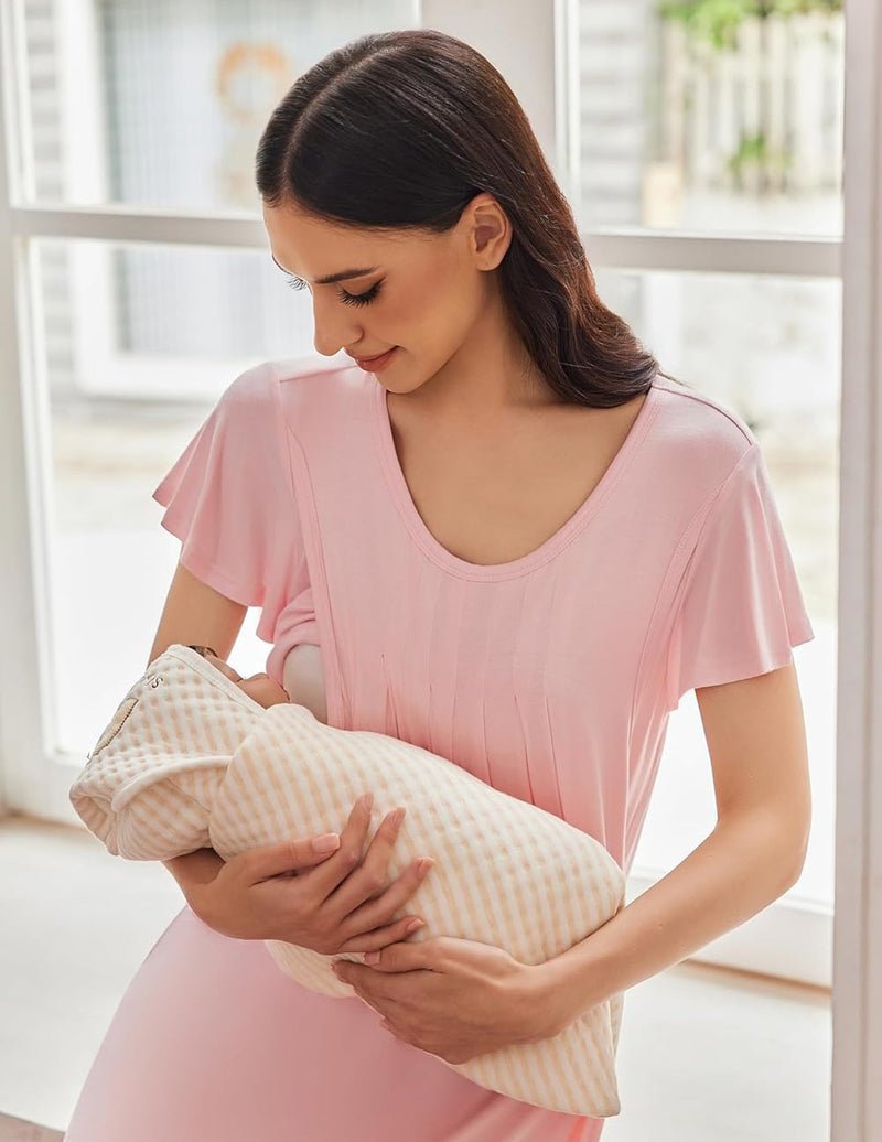Maternity nursing dress in pink with gathered pleats and short flutter sleeves