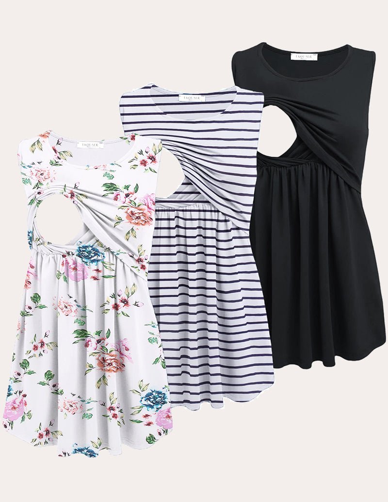 Ekouaer nursing tank tops: black solid, navy-white stripes, white floral (3-pack)