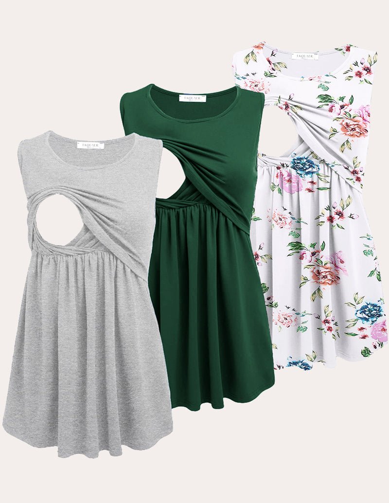 3-pack nursing tank tops: heather gray, deep green, white floral