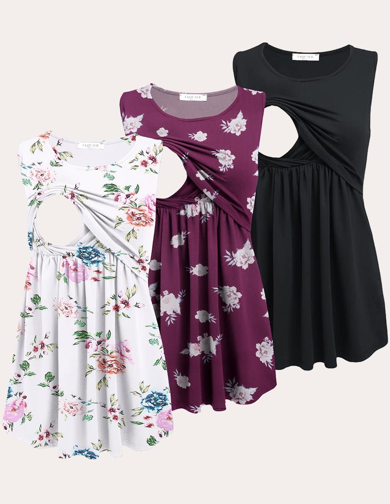 Nursing tank tops 3-pack: black solid, plum floral, white floral
