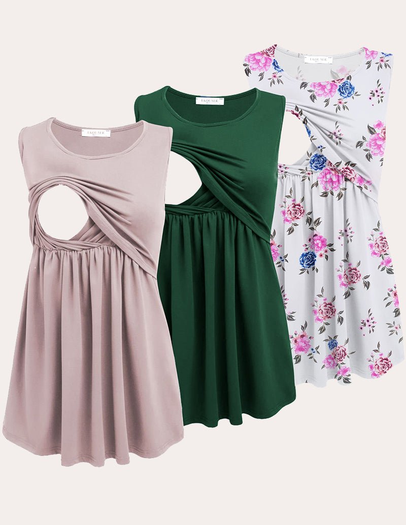 3-pack nursing tank tops: blush pink solid, dark green solid, white floral