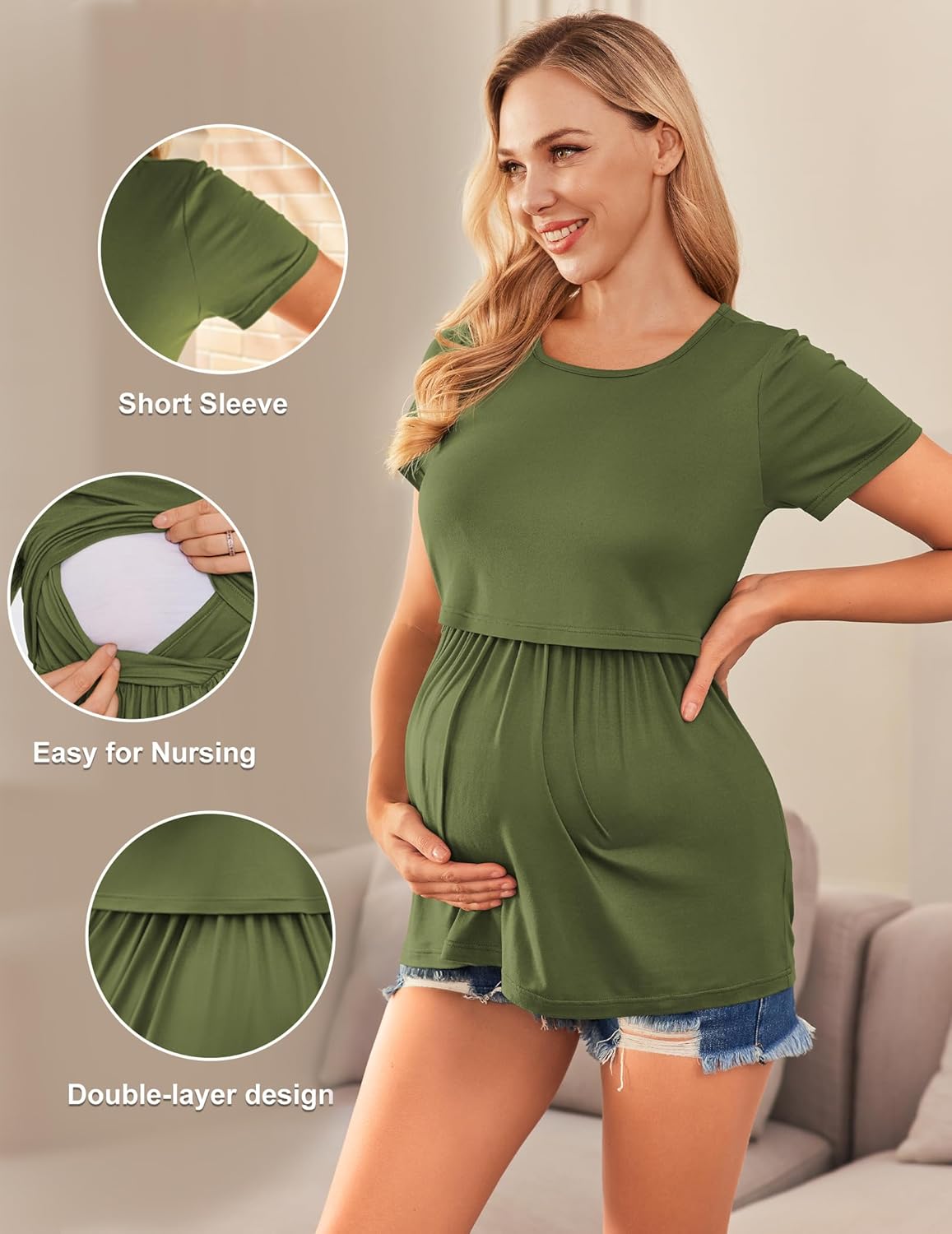 Green short-sleeve nursing top with layered waist and easy-access opening.