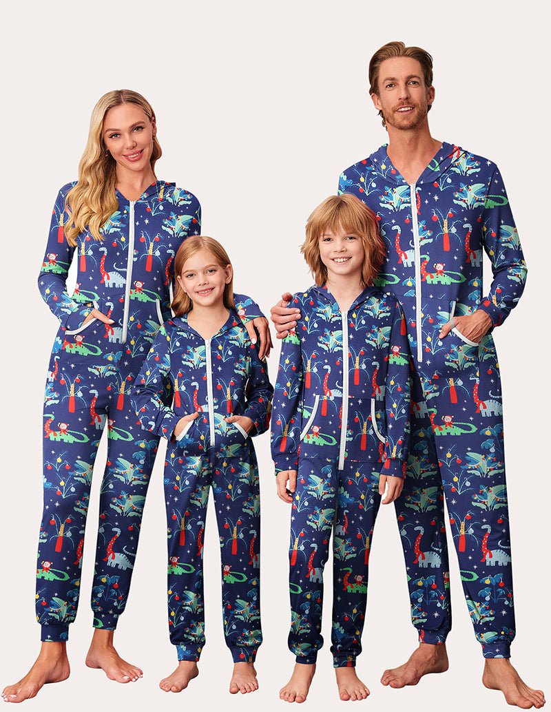 Einteiliger Pyjama mit Taschen, blaues Tiermuster, durchgehender Reißverschluss