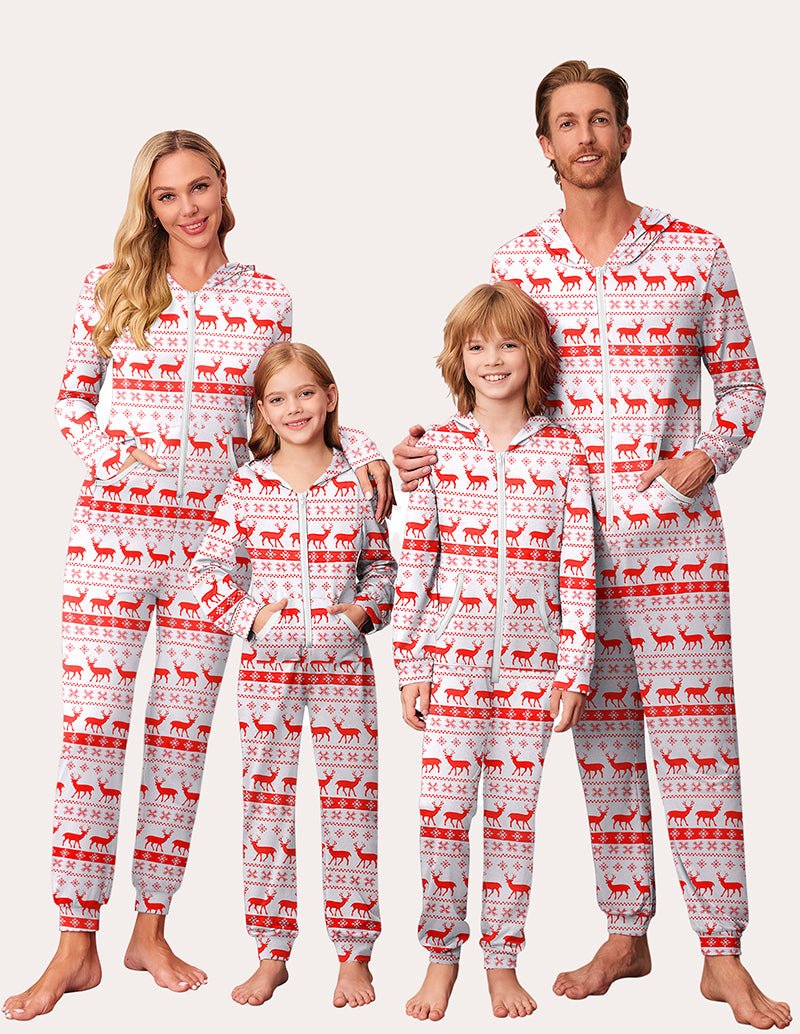 Einteiliger Pyjama mit Taschen, weiß-rotes Rentiermuster, durchgehender Reißverschluss
