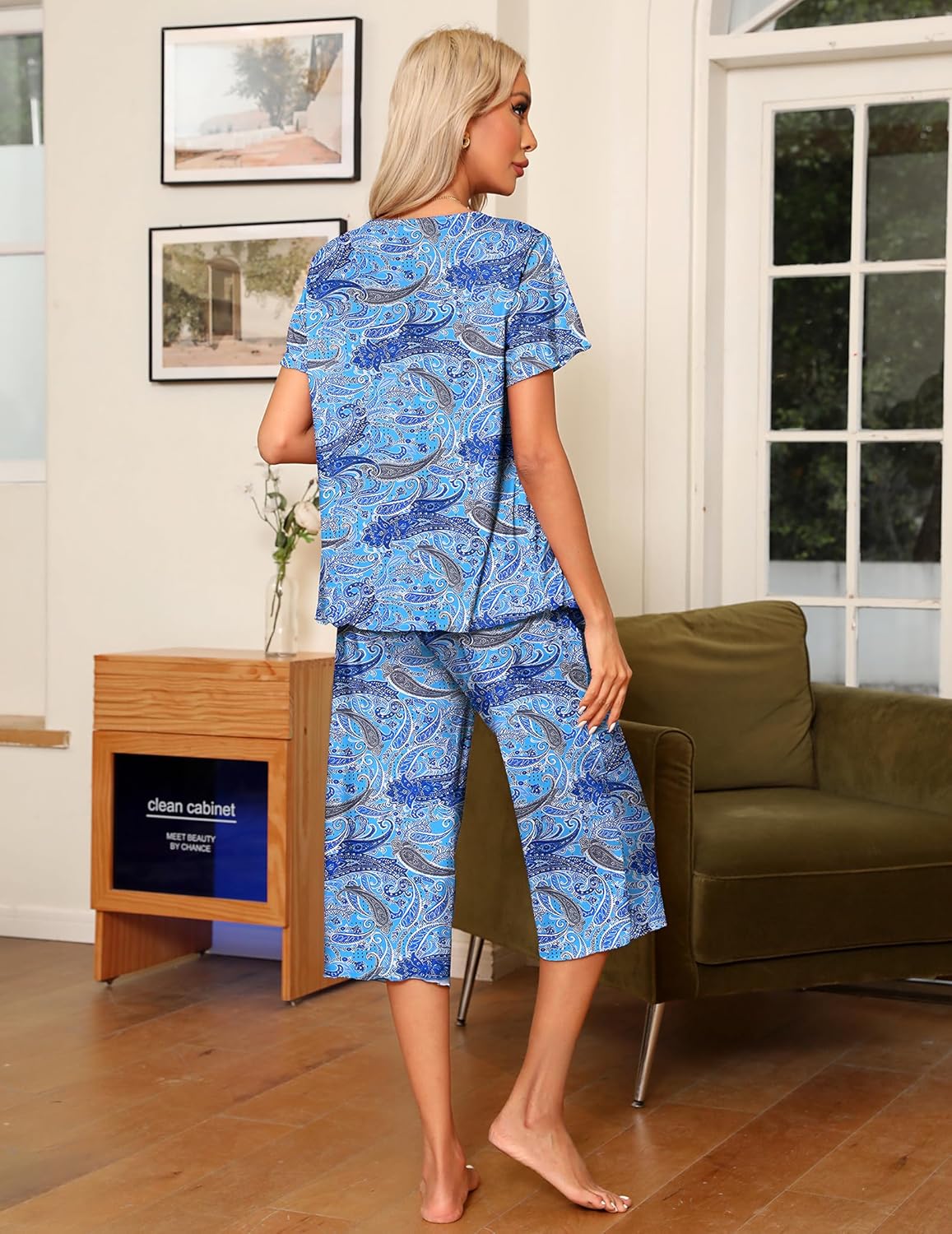 Ekouaer 2-teiliges Pyjama-Set, hellblaues Paisley-Muster, T-Shirt mit Caprihose