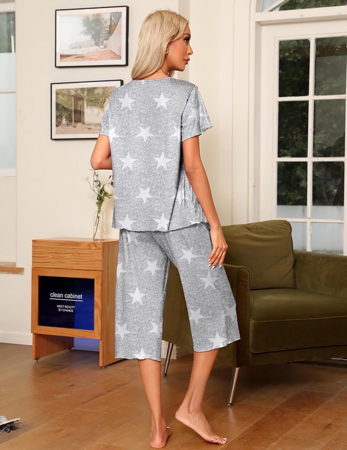 Light gray star print pajama set, back view with capri-length pants