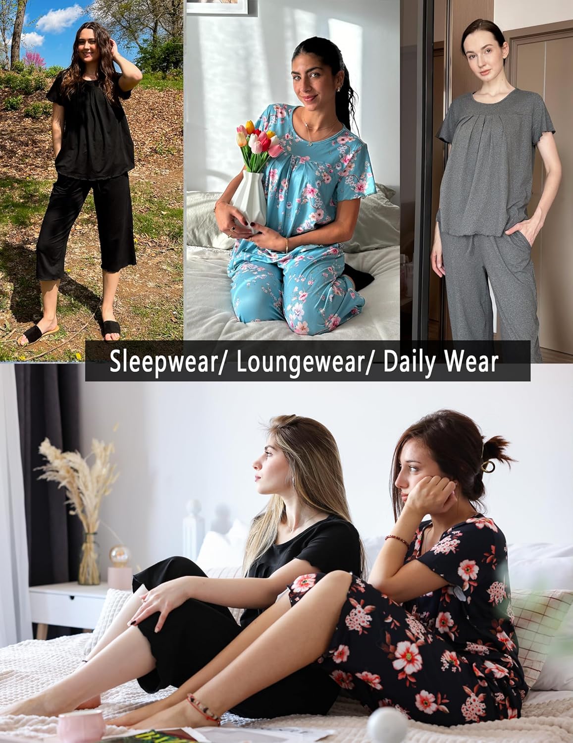 Sleepwear collage: black, blue floral, and gray capri pajama sets