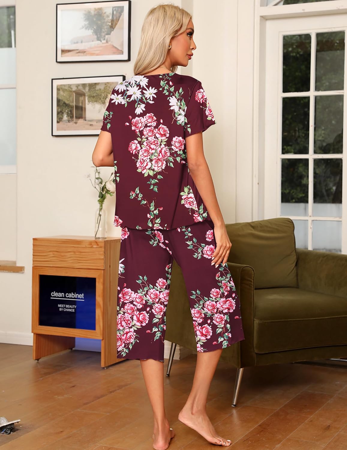 Wine red floral pajama set, back view with capri-length pants