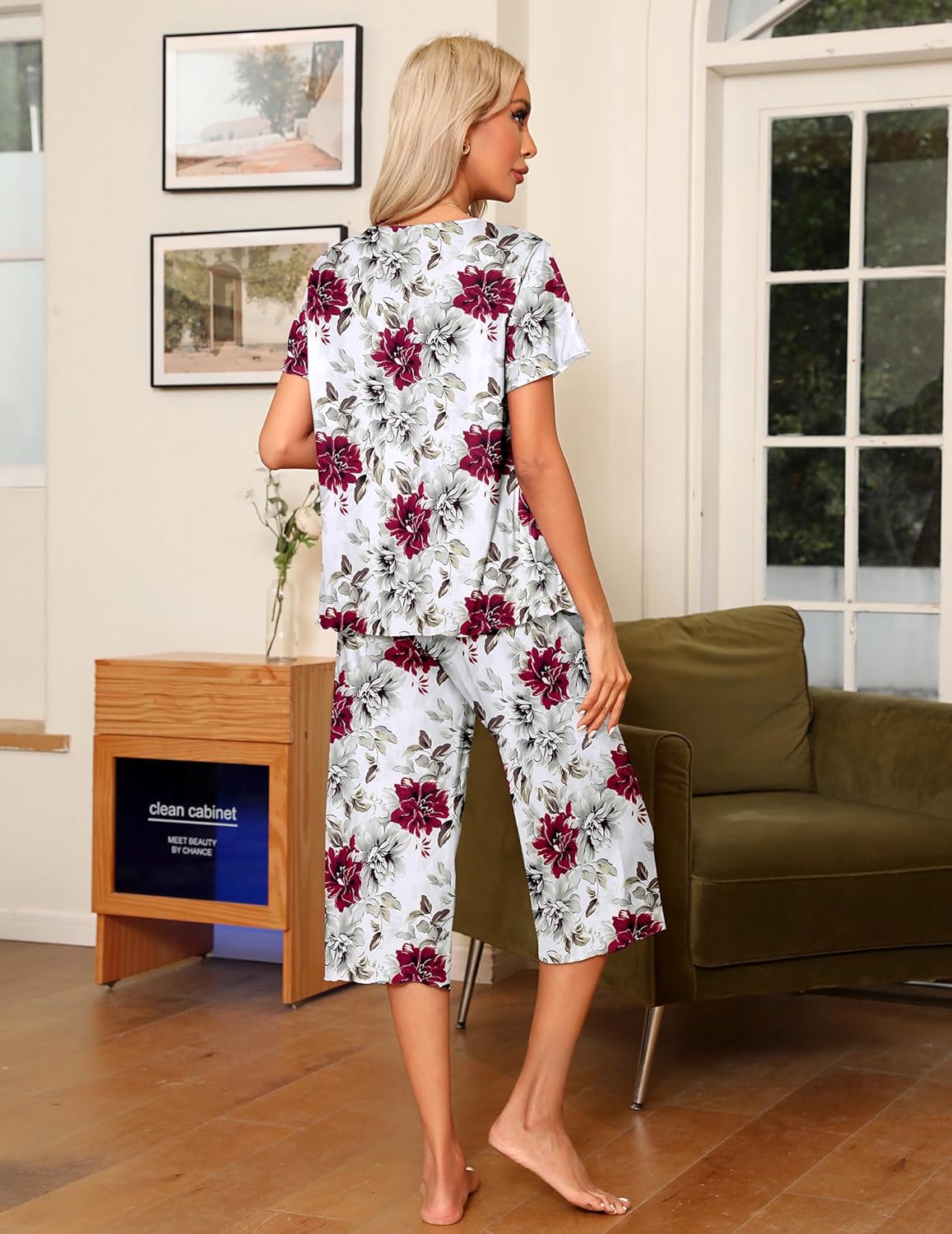Floral pajama set, back view: white capri pants and short-sleeve top, wine-red flowers