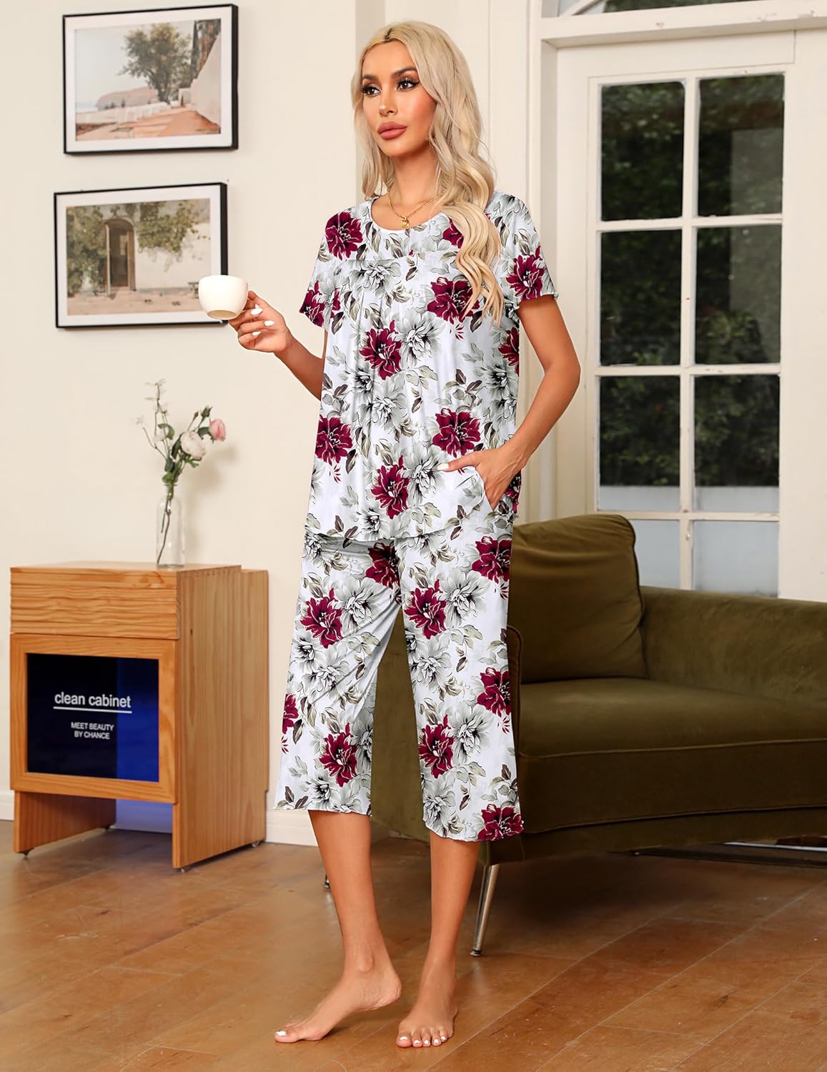 Floral pajama set: short-sleeve top and capri pants, wine-red flowers on white