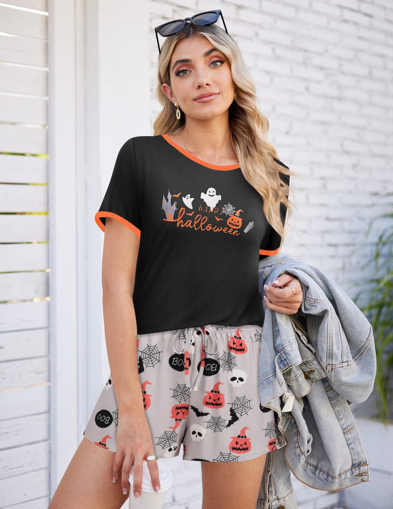 Black Halloween pajama set with “halloween” graphic, short-sleeve top and icon shorts