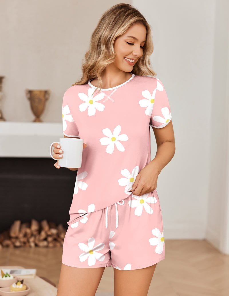 Light pink pajama short set with white daisy print and contrast trim neckline