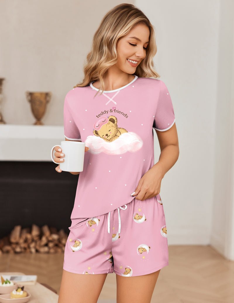 Ekouaer pajama set: pink short-sleeve top with teddy bear cloud print and matching shorts