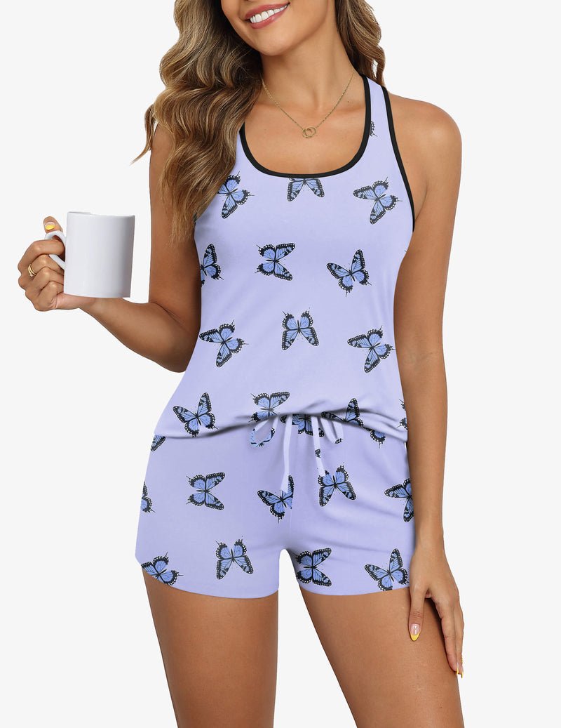 Lavender-blue butterfly cami and shorts pajama set with black trim and drawstring