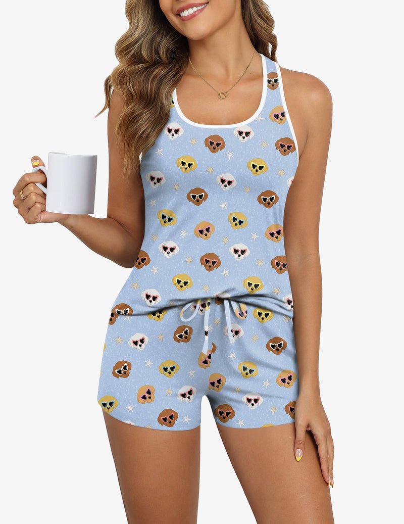 Blue sleeveless pajama top and shorts set with dog-face pattern, relaxed fit