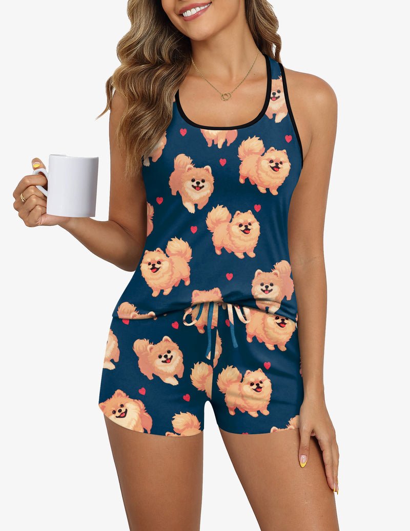 Teal dog print cami and drawstring shorts pajama set with heart accents
