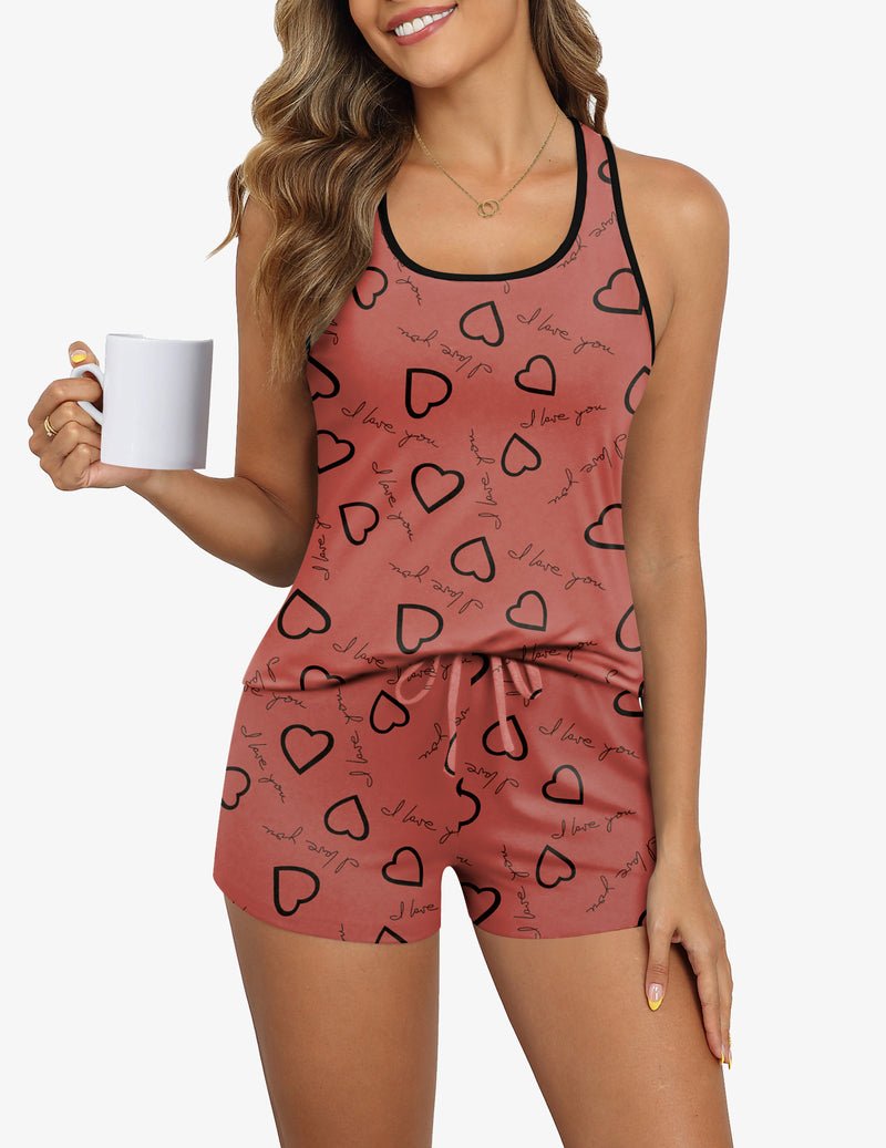 Pink heart-print tank cami and shorts pajama set with drawstring waist and dark trim